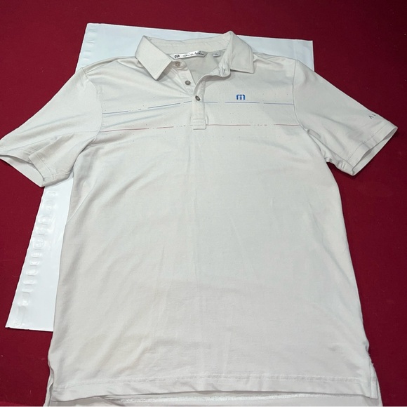 Travis Mathews Light GRAY golf POLO Shirt ALBANY On Sleeve Blue Chest Stripes M - Picture 14 of 15
